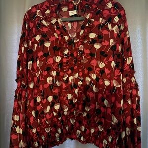 CAbi Red Floral Blouse with Black and White Accents